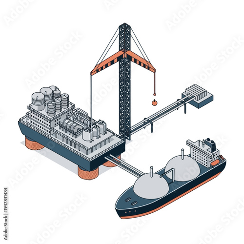 Isometric illustration of an offshore liquefied natural gas (LNG) terminal with a floating production unit and a LNG carrier ship docked.