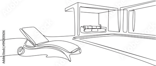 sun lounger pool modern interior villa home hotel holiday relax one line art design. one line Icon drawing