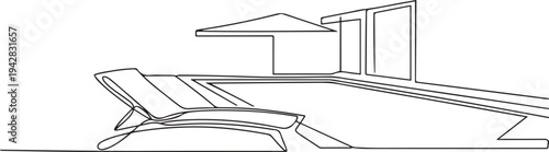 sun lounger pool modern interior villa home hotel holiday relax one line art design. one line Icon drawing