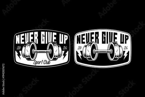 Vintage Fitness Badge Logo with Barbell. Sport Gym Club Logo Vector. Strength Training Workout Emblem Design