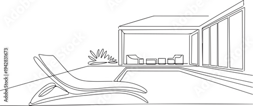sun lounger pool modern interior villa home hotel holiday relax one line art design. one line Icon drawing