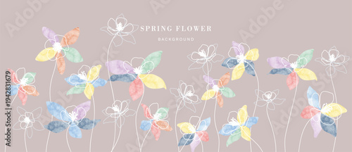 Spring flower watercolor background vector with pastel multicolor blossoms and delicate white line art on taupe backdrop. Elegant botanical design for banner, wallpaper, greeting card, invitation.