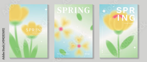 Spring flowers poster vector set. Botanical pastel gradient background and white floral design for spring and summer sale ads, invitation backgrounds, cards, branding, packaging and wall decoration.