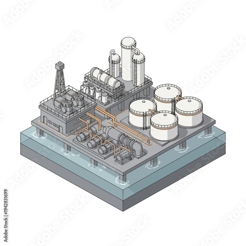 Isometric illustration of an offshore oil and gas production platform with storage tanks and processing equipment.