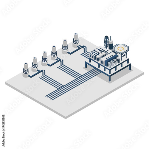 Isometric illustration of an offshore oil and gas production platform with pipelines connecting to onshore facilities.