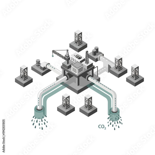 Offshore carbon capture and storage facility with multiple processing units and pipelines for CO2 management.