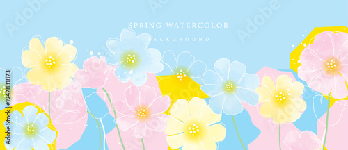Spring watercolor flower background vector with pastel floral frame in blue pink yellow and purple. Fresh botanical design for banner, wallpaper, greeting card, invitation and branding.