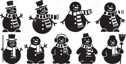 Black and white snowman illustrations in various poses and hats