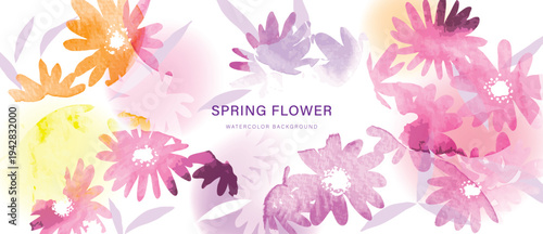 Spring flower watercolor background vector with pink purple and orange floral composition. Soft pastel botanical design for banner, wallpaper, greeting card, invitation and branding.