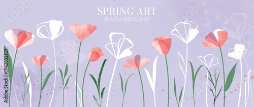Spring flower watercolor background vector with pastel floral composition on lavender purple backdrop. Elegant botanical design for banner, wallpaper, greeting card, invitation and branding.