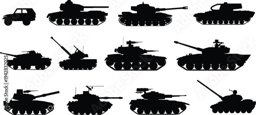 Military tank silhouettes set isolated on white background, armored combat vehicles collection for army defense and war design