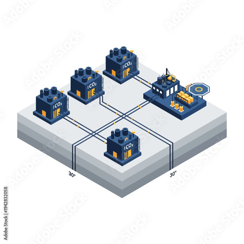 Isometric illustration of an industrial complex with multiple processing units and a central platform connected by pipelines on a layered ground.