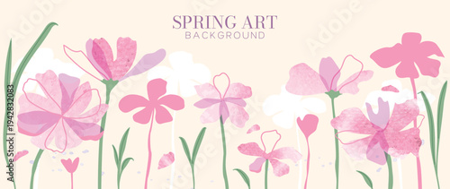 Spring flower watercolor background vector with pink purple and orange floral composition. Soft pastel botanical design for banner, wallpaper, greeting card, invitation and branding.