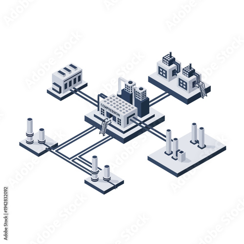 Isometric illustration of a modern industrial complex with interconnected facilities and power generation units, representing a smart factory or energy grid.