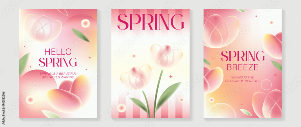 Naklejka premium Spring flowers poster vector set. Botanical pastel gradient background and white floral design for spring and summer sale ads, invitation backgrounds, cards, branding, packaging and wall decoration.