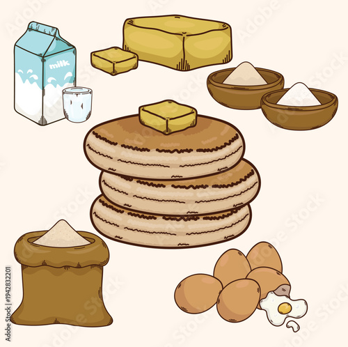 Illustration of pancake recipe eggs butter flour milk sugar and baking powder food recipe post