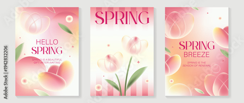 Spring flowers poster vector set. Botanical pastel gradient background and white floral design for spring and summer sale ads, invitation backgrounds, cards, branding, packaging and wall decoration.