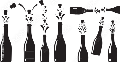 Black and white champagne bottles celebration vector graphics set