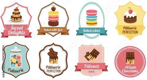 Collection of sweet bakery and patisserie labels and badges.