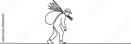A worker working in the field is returning home with the food he has loaded on his back. one line Icon drawing