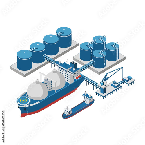 Isometric illustration of a liquefied natural gas (LNG) carrier ship docked at a terminal with storage tanks and a smaller vessel nearby.