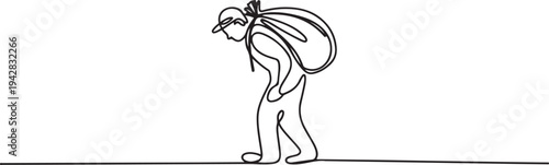 A worker working in the field is returning home with the food he has loaded on his back. one line Icon drawing