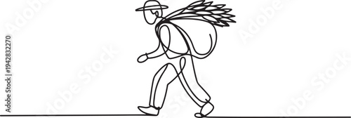A worker working in the field is returning home with the food he has loaded on his back. one line Icon drawing