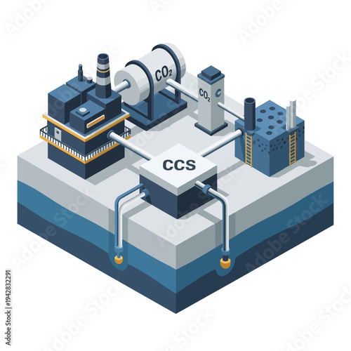 Illustration of a Carbon Capture and Storage (CCS) system, showing industrial facilities, CO2 storage tanks, and underground injection wells.