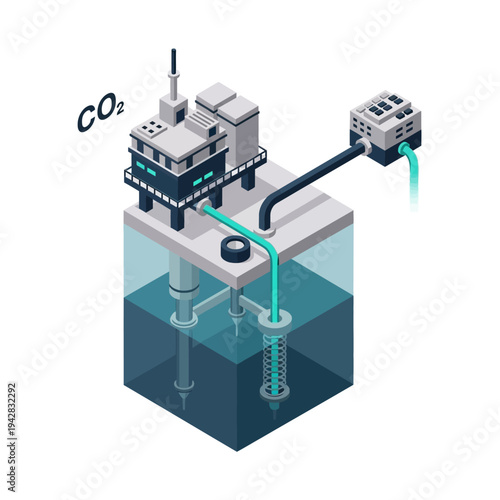 Illustration of a carbon capture and storage system on an offshore platform, showing CO2 injection into a subsea reservoir.