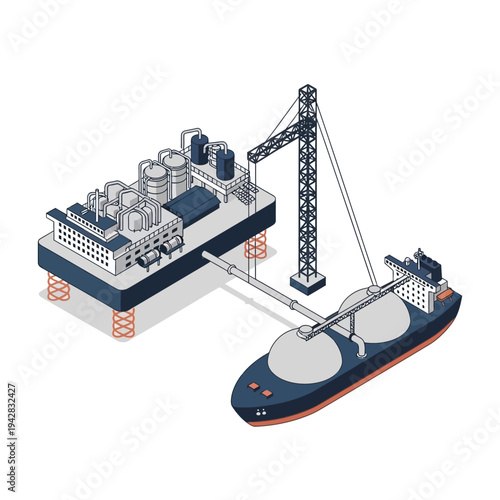 Isometric illustration of an offshore floating liquefied natural gas facility with a ship docked for loading.