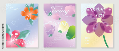 Spring flowers poster vector set. Botanical pastel gradient background and white floral design for spring and summer sale ads, invitation backgrounds, cards, branding, packaging and wall decoration.