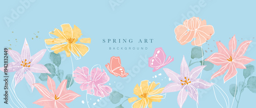 Spring watercolor flower background vector with pastel floral frame in blue pink yellow and purple. Fresh botanical design for banner, wallpaper, greeting card, invitation and branding.