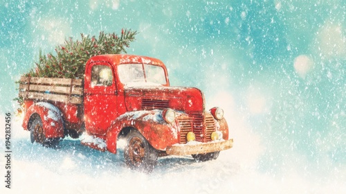 Old red truck carrying Christmas tree in snowy landscape during winter season