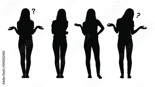Four silhouette figures of women expressing confusion and questioning with open palms