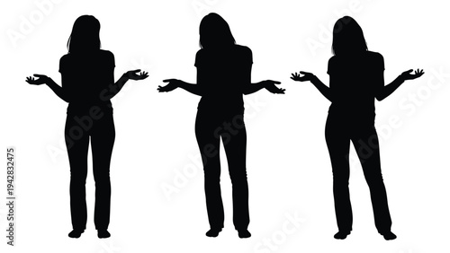 Three women depicted in silhouette with arms outstretched displaying a questioning gesture