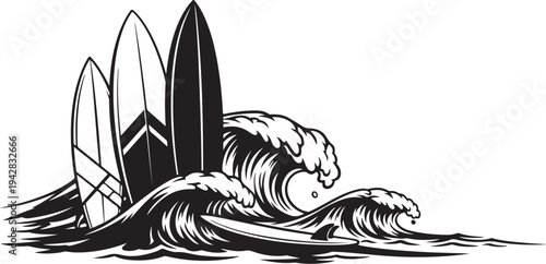 Surfboards Riding Ocean Waves in Black and White Illustration