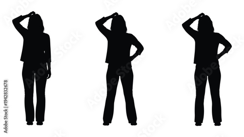 Three identical silhouettes of a woman with hands raised appearing in a row