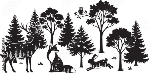 white background forest animals scene black silhouette vector