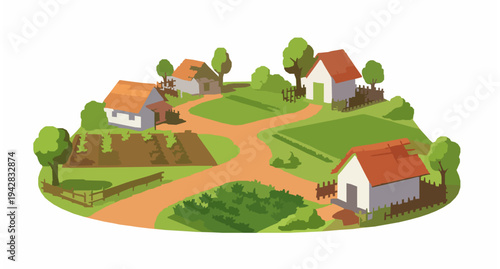 Indian village rural landscape with farmer houses and green fields vector EPS 10