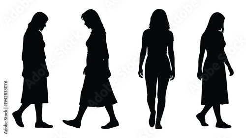 Four female silhouettes are shown in profile and full body appearing to walk