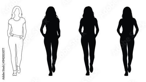 Four female figures depicted in varying shades of outline and silhouette