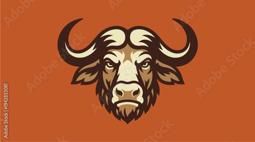 Closeup illustration of a fierce buffalo head with large horns.