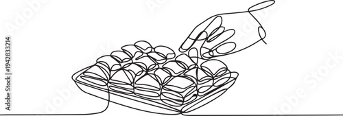 sweet baklava tray people help give ramadan eid celebration homemade turkey traditional dessert line art. one line Icon drawing