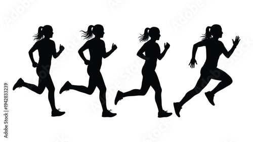 Silhouette of four female runners in various stages of a running stride