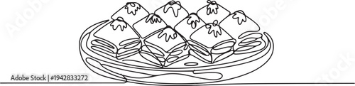 sweet baklava tray people help give ramadan eid celebration homemade turkey traditional dessert line art. one line Icon drawing