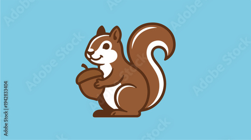Cute cartoon squirrel holding an acorn isolated on blue background.