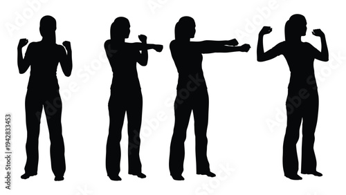 Silhouette series depicting a woman performing various boxing or martial arts poses
