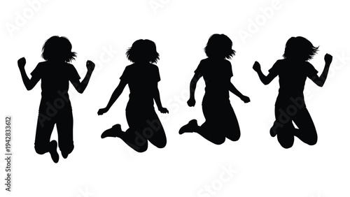 Four silhouettes of young women jumping in the air arms raised