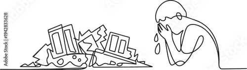 earthquake destroyed buildings sad crying human line. one line Icon drawing