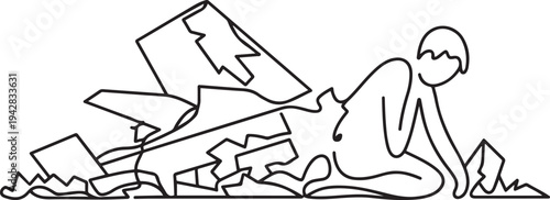 earthquake destroyed buildings sad crying human line. one line Icon drawing